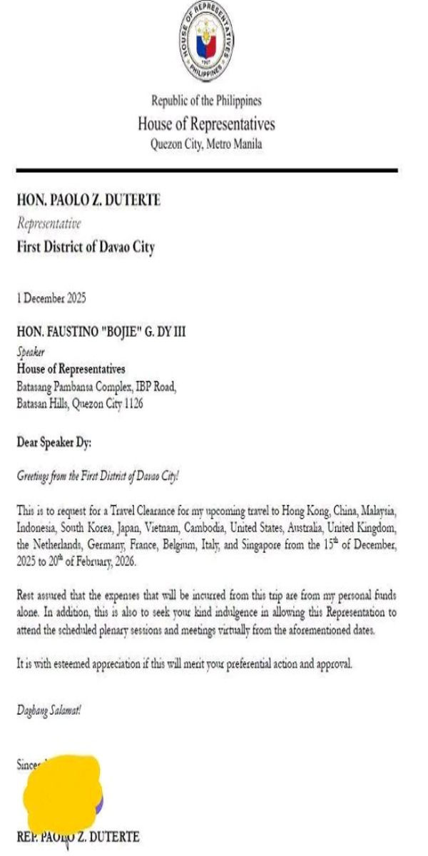 Paolo Duterte, humingi ng clearance para bumiyahe sa 17 na bansa